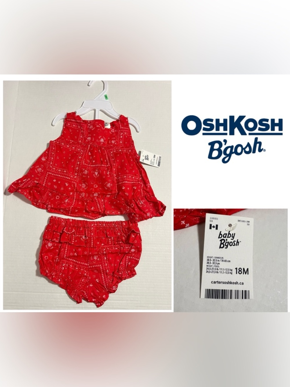 🆕OSHKOSH - 18M - NWT - INFANT GIRLS 2PC RED WHITE FLYAWAY TANK AND BLOOMER SET